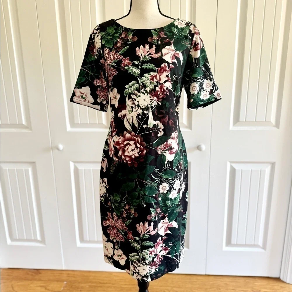 Calvin Klein Floral Scuba Sheath Dress 10 Black Pink Wedding Guest Midi